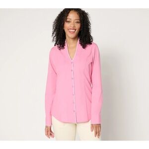 Isaac Mizrahi Livel Stretch Poplin Shirt with Gingham Pink Cosmos, 16    {#148-w